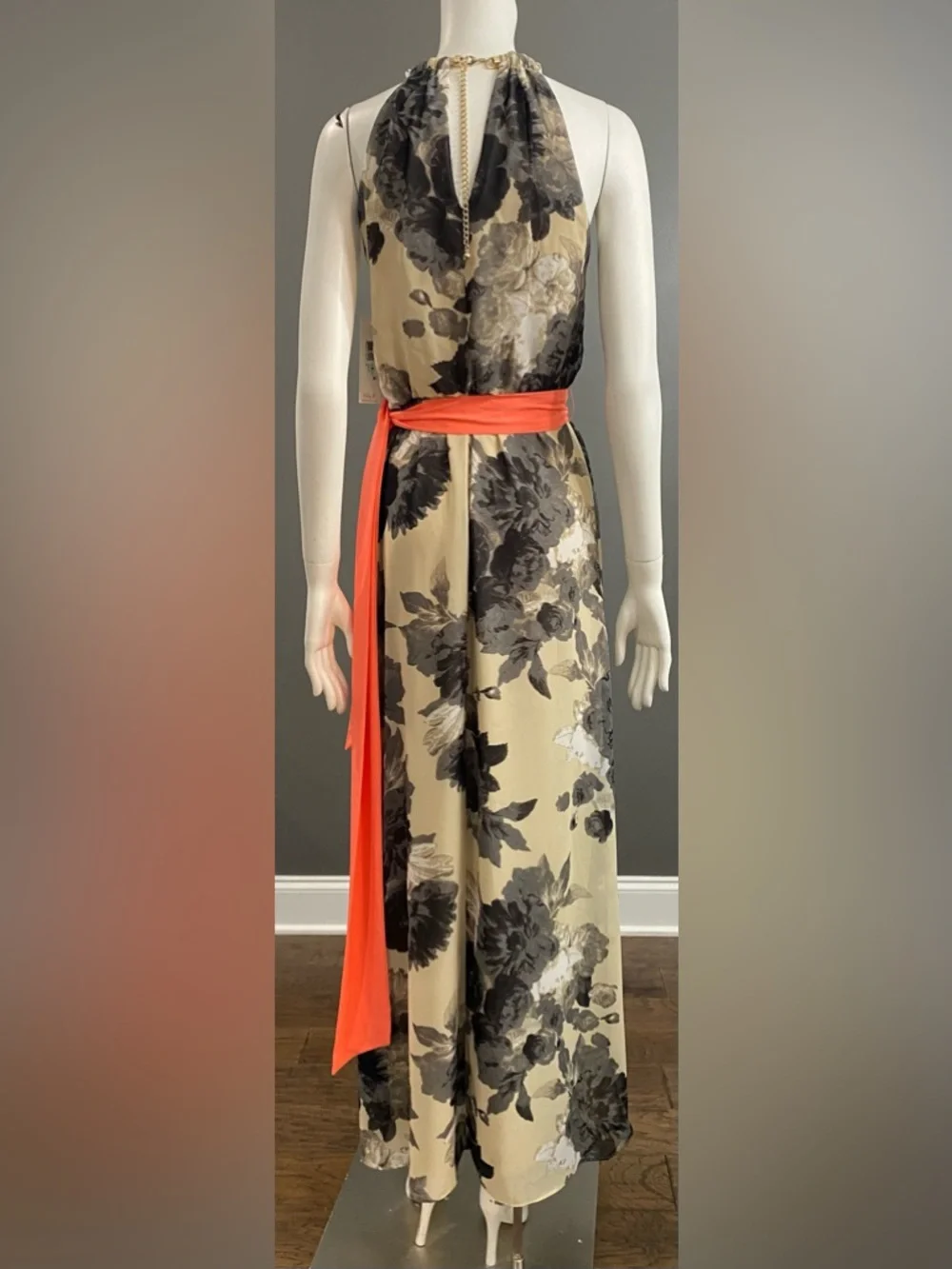 NWT Eliza J Floral Halter Maxi Dress with Belted Coral Sash Size 8 - Picture 7 of 13